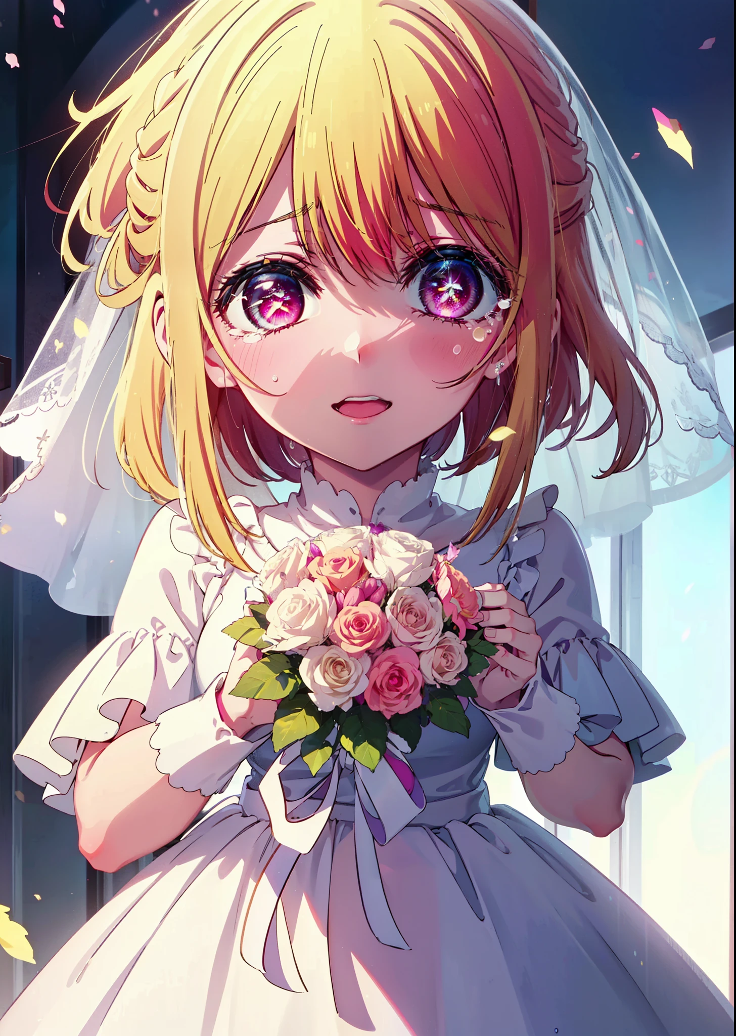 rubyhoshino, Ruby Hoshino, Long Hair, bangs, Blonde, (Pink Eyes:1.3), (Symbol-shaped pupil:1.5), Multicolored Hair, Two-tone hair, smile,Open your mouth,Close both eyes,Tears stream down her face,Tears of joy,I cry a lot,Wedding dress,Veil,Holding a bouquet in both hands,wedding,Flower storm,
break indoors, church,Chapel,
break looking at viewer,Upper Body, (Cowboy Shot:1.5),
break (masterpiece:1.2), Highest quality, High resolution, unity 8k wallpaper, (figure:0.8), (Beautiful attention to detail:1.6), Highly detailed face, Perfect lighting, Highly detailed CG, (Perfect hands, Perfect ???????),