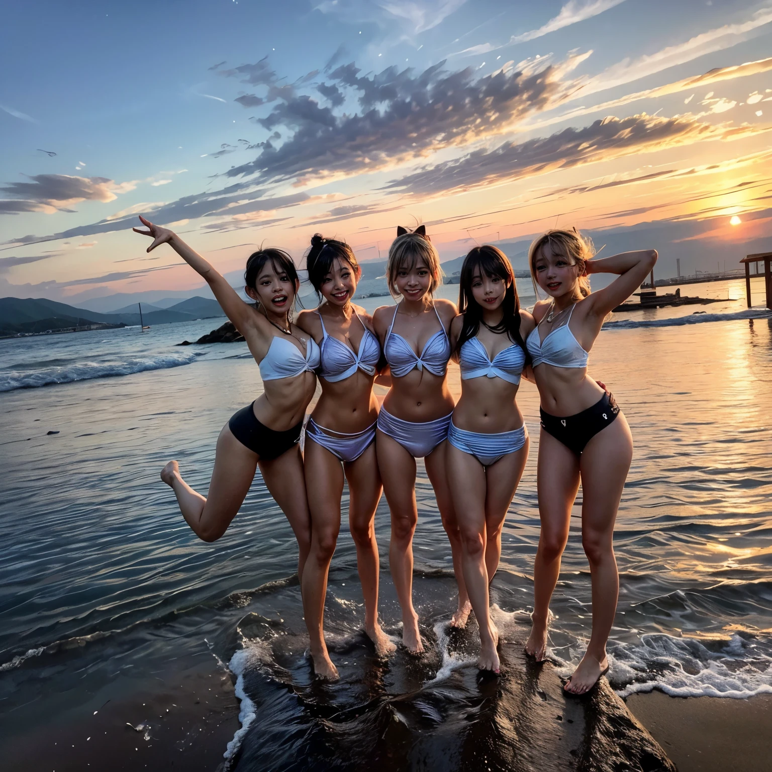 Masterpiece of ProfessionalPhoto ((ExtremelyDetailed (12 PICHIPICHI KAWAII Girls Floating in The Air in a row:1.37) in WHITE at Dusk Enoshima Beach)), {(Standing Full Body:1.2)|(from below:1.2)|Detailed KAWAII face}, Different types of hair colors, {(skinny(school swimwear))|(SchoolUniform)with Tiny AthleticShorts}, {(Corrected Childish hand)|Hidden hand|Different types of breasts|(Clearly Visible the shape of Butt)}, Joyful Expressions LifeLike Rendering, PerfectLighting, (Dazzling Horizon Visible through ThighGap), (Starry IridescentParticles:1.22) ColorfulClouds