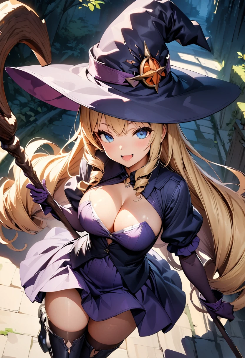 (masterpiece),(best quality),(ultra-detailed),(best illustration),(best shadow),(absurdres),(detailed background),(very aesthetic),1girl, solo, hat, blonde-hair, drill-hair, gloves, breasts, blue-eyes, witch-hat, thigh-boots, thighhighs, boots, elbow-gloves, open-mouth, staff, purple-headwear, smile, dress, full-body, simple-background, cleavage, large-breasts, looking-at-viewer, purple-dress, very-long-hair, purple-gloves, holding, purple-footwear, wand standing-on-one-leg, twin-drills, holding-staff, witch, black-footwear, puffy-sleeves
