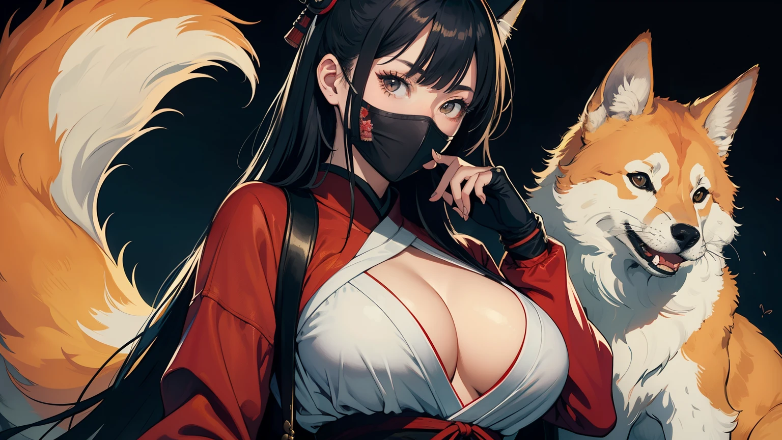 ((best qualityer)), ((work of art)), (detailded), 1 girl, ombro to ombro sweater, Japanese samurai warrior with Kitsune mask on her hand