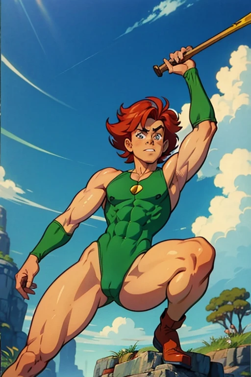 a redhead cartoon character dressed in a green leotard, very muscular, a young male wizard, 1980s cartoon, animated episode still, Presto (((mad)))
