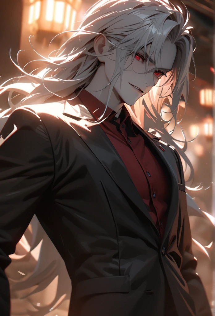 (solo), masculine, white hair, messy hair, mane hair, long hair, dense hair, wild hair, expressive hair, mature,(25 year old), pale skin, red eyes, ((man)), wearing black suit, red shirt, vampire, serious grinning, handsome, attractive, eye reflection, depth of field, thunder aura,cinematic lighting, ray tracing, depth of field, cinematic lighting, ray tracing, UHD, high details, best quality, highres, high quality, award winning, super detail, masterpiece, 8k, UHD, high details, best quality, highres, high quality, award winning, super detail, masterpiece, 8k, digital art, anime coloring, ((body shot)), good face, perfect face, detailed face, good eyes, facing foward