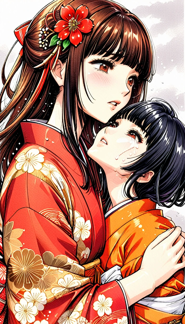 Close-up of a woman with black straight hime cut hair wearing a red and orange dress, Red kimono with flower patterns, From the Sengoku period, Long and beautiful kimono, Flowing hair and long, super shiny robes, Red kimono, Japanese Kimono, Wearing Imperial Kimono, Wearing kimono and armor, In kimono, Safety, kimono, Hakama kimono, Inspired by Fujiwara Takanobu, pale and colouRed kimono She is laid down on the futon, exposing her nipples, writhing and crying. She has sex with a penis thrust into her She blushes