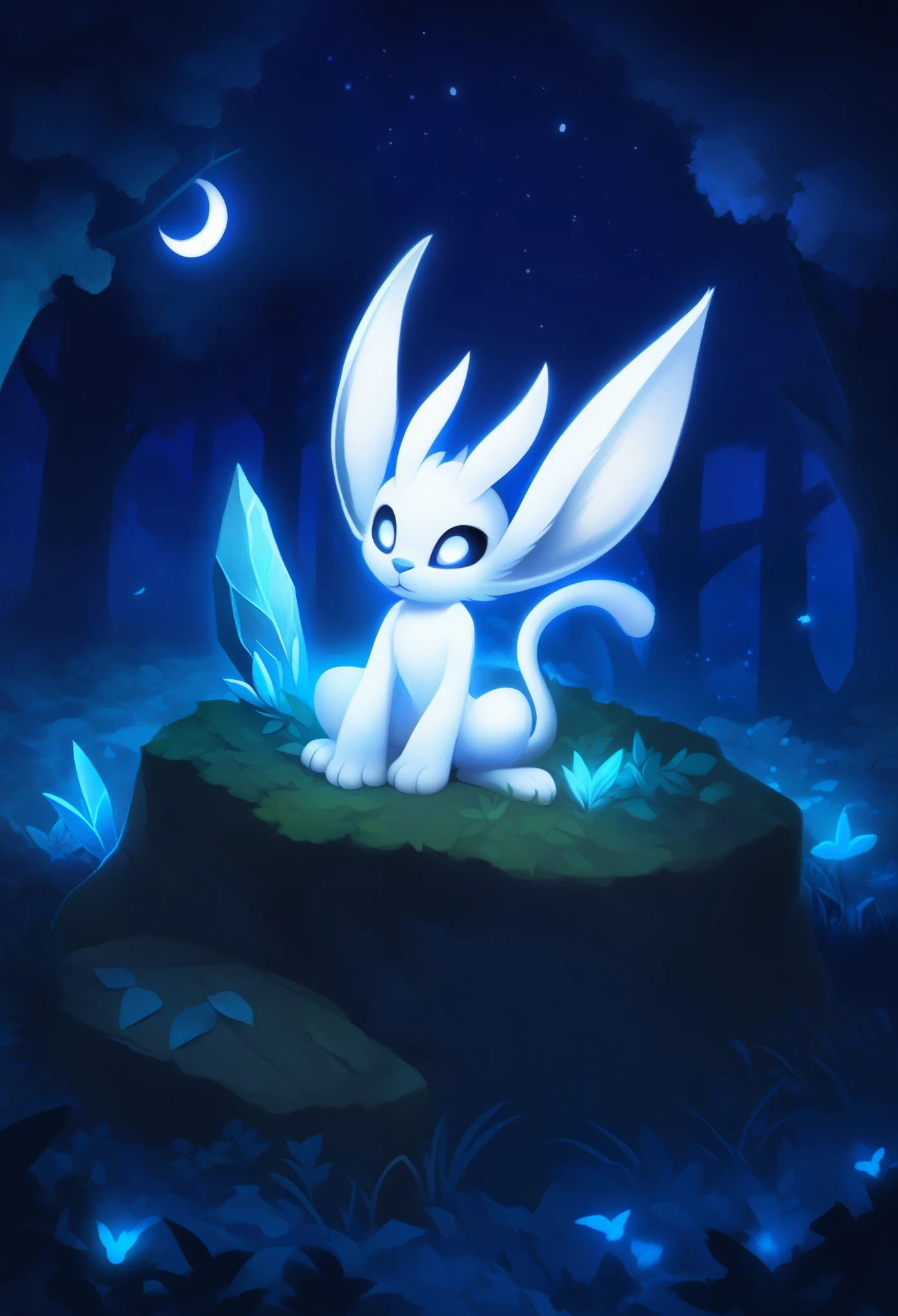 score_9, score_8_up, score_7_up,  source_furry, ori and the blind forest, Ori, furry, dark blue sclera, white pupils, white body fur, big animal ears, blue nose, :3, detailed body fur, detailed face, detailed eyes, full body, feets with three toes, 3 toes, night sky, forest, sit on rock, field, glowing body, solo, 