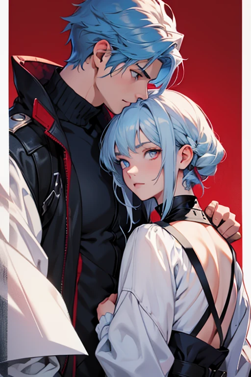 show me, in the form of a book cover, a blue-haired boy with dark red eyes facing each other with a white-haired girl with light blue eyes and a red background
