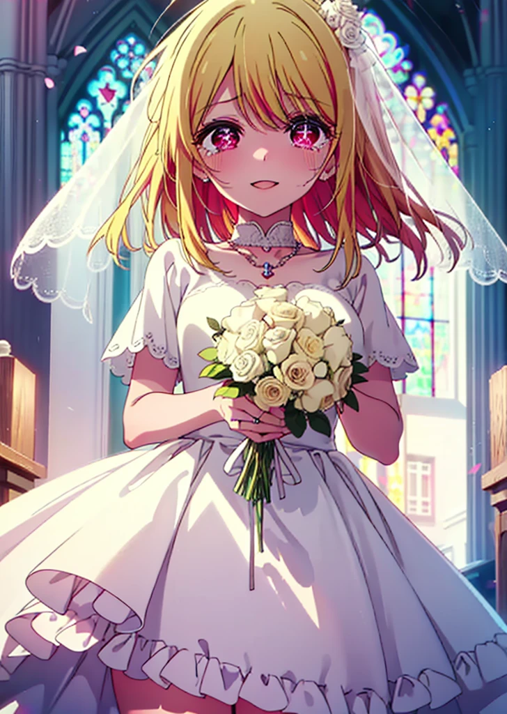 rubyhoshino, Ruby Hoshino, Long Hair, bangs, Blonde, (Pink Eyes:1.3), (Symbol-shaped pupil:1.5), Multicolored Hair, Two-tone hair, smile,Open your mouth,Close both eyes,Tears stream down her face,Tears of joy,I cry a lot,Wedding dress,Bare neck,necklace,Short sleeve,Wedding Skirts,Veil,Holding a bouquet in both hands,wedding,Flower storm,
break indoors, church,Chapel,
break looking at viewer,Upper Body, (Cowboy Shot:1.5),
break (masterpiece:1.2), Highest quality, High resolution, unity 8k wallpaper, (figure:0.8), (Beautiful attention to detail:1.6), Highly detailed face, Perfect lighting, Highly detailed CG, (Perfect hands, Perfect Anatomy),
