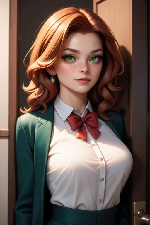 Tall and slender busty woman; wavy auburn hair; piercing green eyes; fair skin with a few freckles; athletic build; confident; girl-next-door look; soft and cute features); best quality; trending on artstation; complex volumetric lighting; strong shadows; artistic lighting; dynamic; energetic vibe; realistic skin; specular highlights; micro-textures; highly detailed hair; worn-out overcoat, warm clothing; sneaking through the sewers