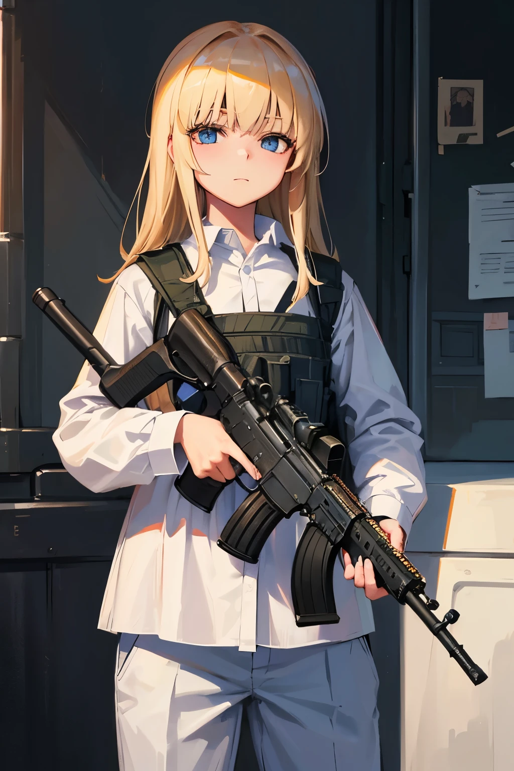 masterpiece, Highest quality, One boy, Cowboy Shot, Delicate eyes, uniform, and 47, AKM, Kalashnikov_rifle, assault_rifle, Holding_gun