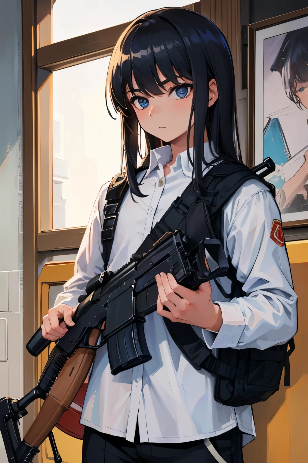 masterpiece, Highest quality, One boy, Cowboy Shot, Delicate eyes, uniform,  and 47, AKM, Kalashnikov_rifle, assault_rifle, Holding_gun
