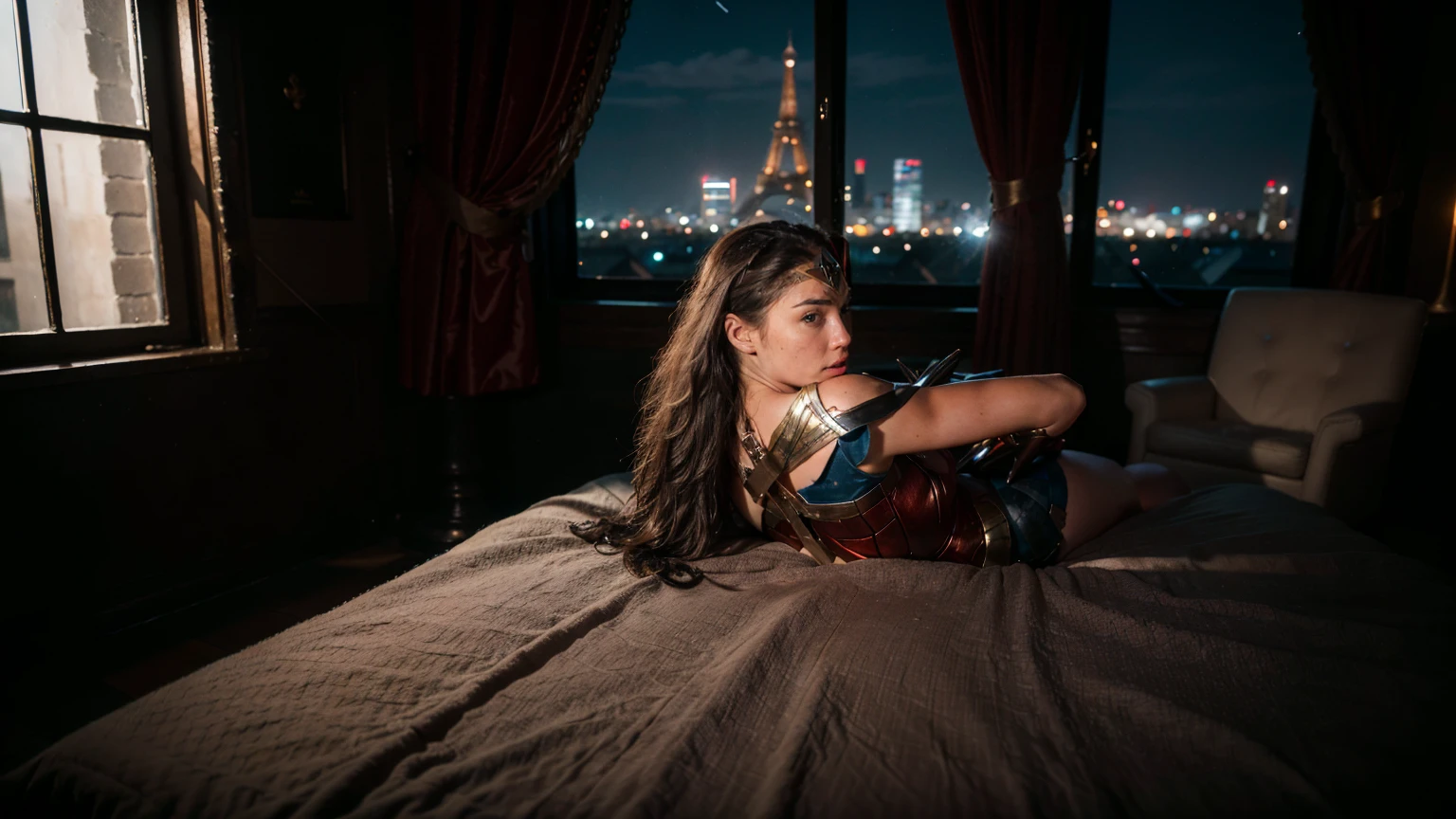 ((masterpiece), (solo character), (photorealistic:1.4), ),(best quality), (epiCRealLife), (g4lg), (wonder woman bra top), (g4lg show abs), (g4lg show cleavages), (Gal Godot in wonder woman costume), (lora:epiCFlashPhoto),(flashphoto), (flash photography) (look at viewers), (Paris bar), (Paris city landmark night views), (window), (night time), (landscape photo), (on floor), (from behind), (looking at viewers), (at night), (night time), (look back)
