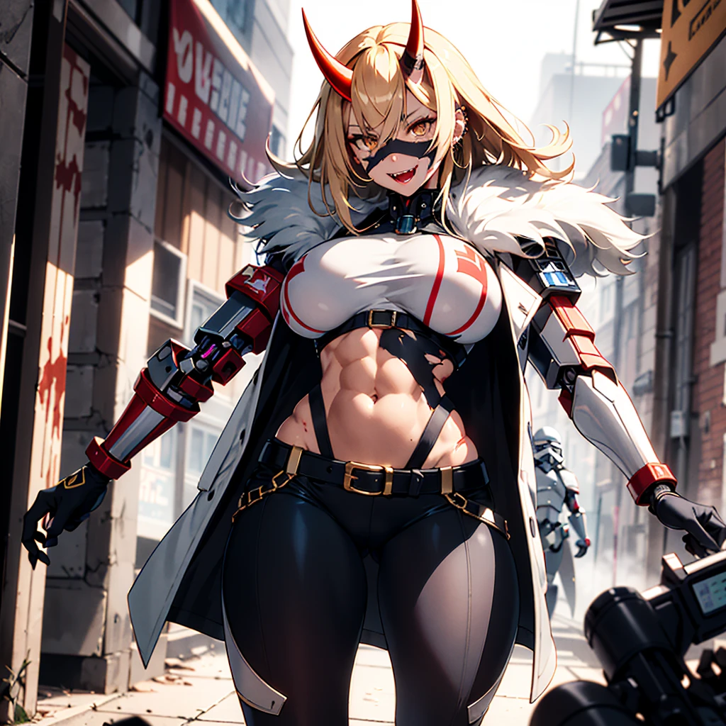 ((best quality)), ((masterpiece)), (detailed), 1girl, 8k_wallpaper, extremely detailed eyes, extremely detailed body, (large masterpiece digital art), ((perfect anatomy huge chest)), (intricate details:1.3 ), (ultra-detailed:1.3), (sharp focus:1.3), (natural lighting:1.05), (vivid colors:1.3), (best quality:1.4), high quality, expressive eyes, full body, tall girl, detailed face, beautiful face, perfect face, ((blonde hair)), (gold eyes), ((large blue horns)), {{dark skin}}, ({dark skinned female}), gigantic breasts, thick thighs, strong arm and leg muscles, strong abdominal muscles, large nipples sticking out from under the fabric with piercings, nipple piercings, belly piercings, a predatory smile with fangs, a lustful smile of a predator with fangs, dressed in a white coat with a fur collar and sleeves rolled up to the elbows, steel metal heavy stormtrooper armor, a walkie-talkie hanging on the belt, earpiece for communication, leather tight pants badly torn in the front and on the ass, covered in blood, abrasions, dirt, walking along a path through the cramped streets of the winter ruins of a city in which a war of mecha robots and fantastic demons has broken out, shooting and explosions are heard everywhere,