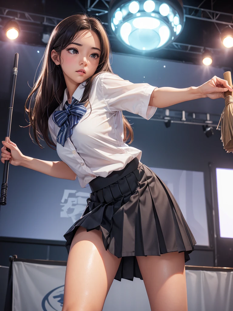 (Skirt comes off_Exposing pants:1.6)、woman、Embarrassed look、Leaning forward、broom、放課後のstagecleaning、Low - Angle、evening、(Highest quality、4K、8k、High resolution、masterpiece:1.2)、Super detailed、(Real、Photorealistic、Photorealistic:1.37)、Detailed eyes、Detailed lips、Detailed face、Long eyelashes、School uniforms、Pleated skirt、Embarrassing、cleaning、broom、stage、eveningの光、Low - Angle