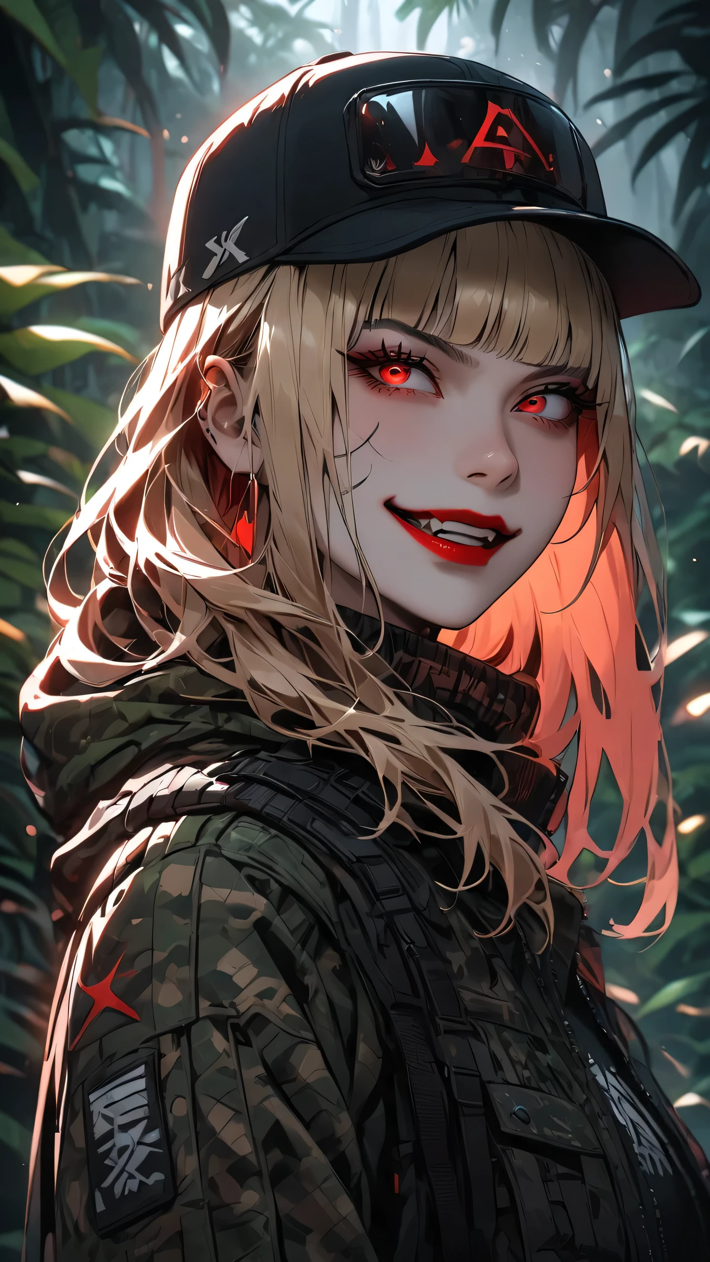 highest quality、masterpiece、1 girl、jungle background、blonde hair :1.5、red  eyes 、red lips, camouflage clothes、Black and white world、Black and white world、machete 、side blade, evil smile, blunt bangs, baseball caps 