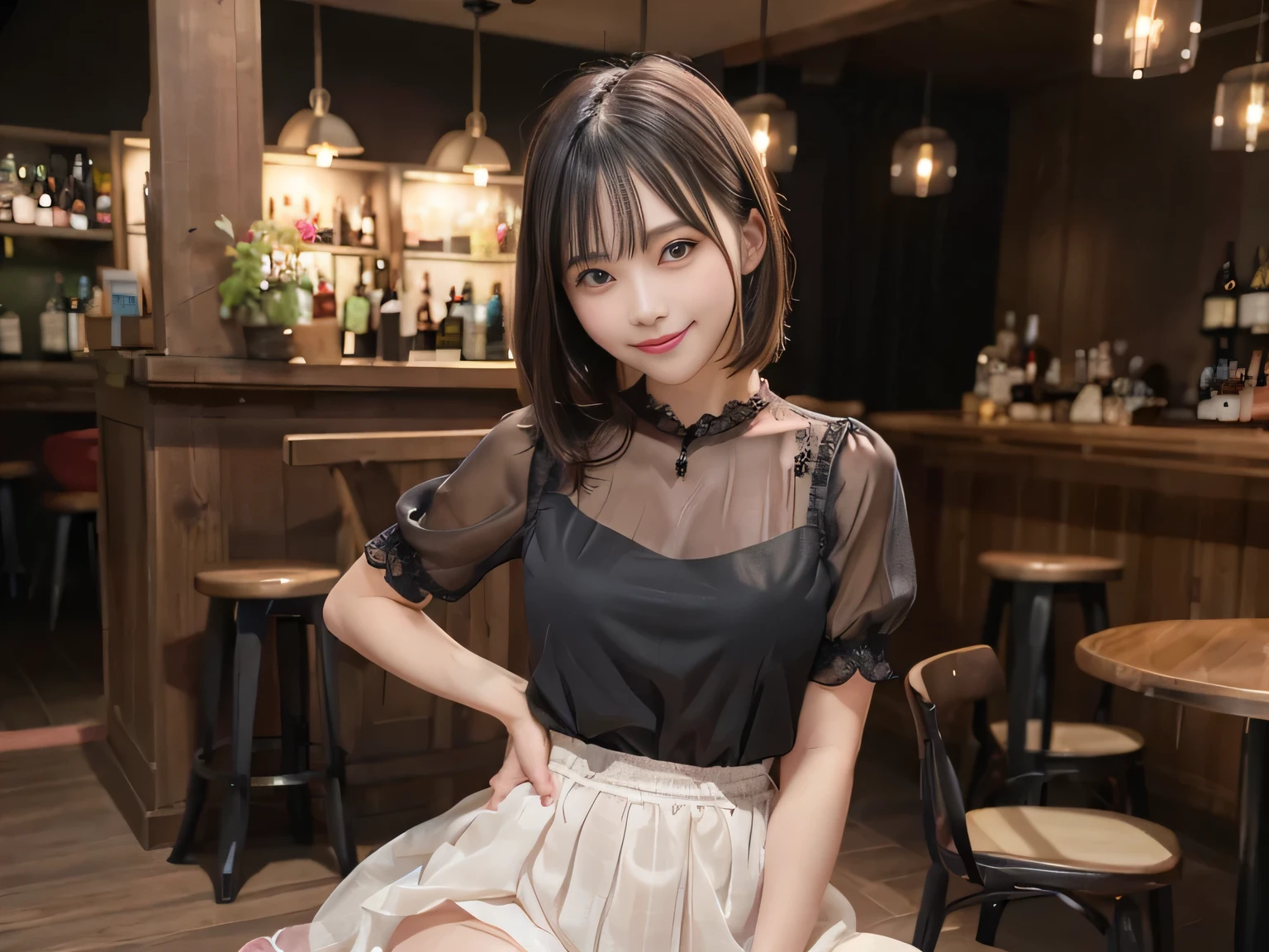 (Highest quality, masterpiece, Ultra-high resolution, 8k, RAW Photos, Realistic, Anatomically correct:1.5), 20-year-old girl:1.2, Embarrassing, avert your eyes, blush:1.0, View Viewer, ((bar)) 、Large windows、Night view、 Light:1.2, Bokeh, Cinema Lighting:1.0, Depth of written boundary, sharp、 Cute Face、Idol、Wine colored short sleeve lace top、Black pleated skirt、Shiny wine-colored clothing、”dwarf”、(Floral clothes)、(Full Body Shot)、Side angle、Cowboy Shot、 smile、((Ultra short hair、Berry Short))、(Straight bangs)、((See-through))、(( One Girl))、Waist、I can see your thighs、
