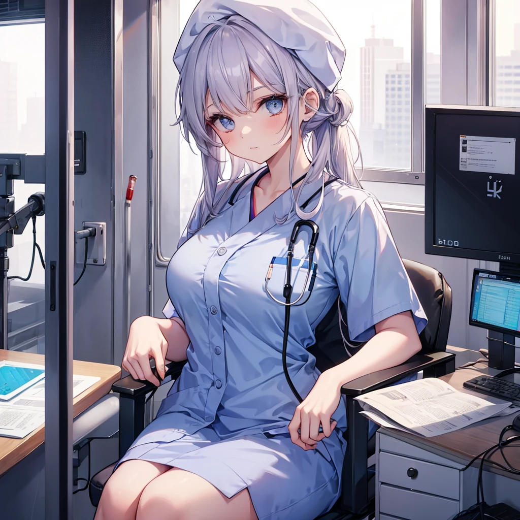 nursing aide,one girl,solo,scrubs,no cap,no hat