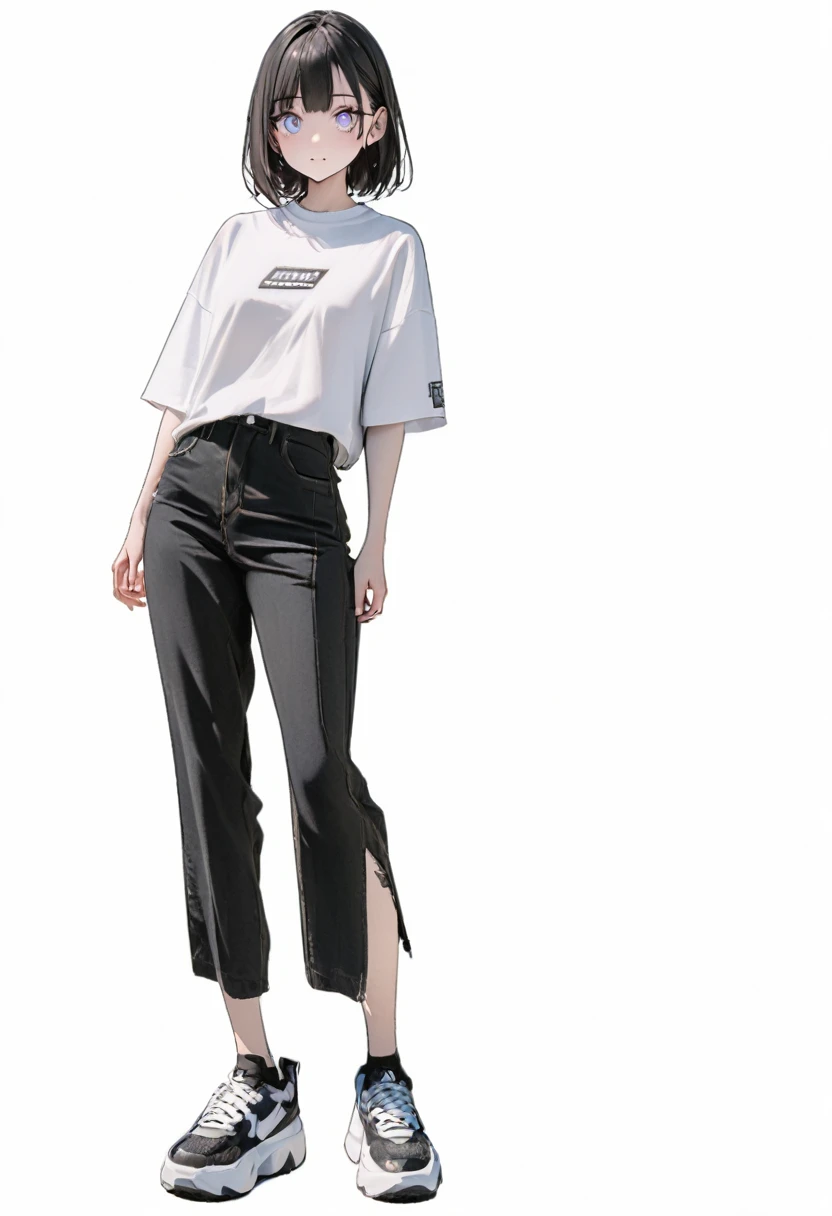 (Best, Highest quality: 1.2, 8K), Centre, Full Length, 1 Woman, Street Style Shirt, Black Wide Pants, Simple Sneakers, Simple Background, White Background, Large Eyes, Delicate Eyes, Beautiful Eyes