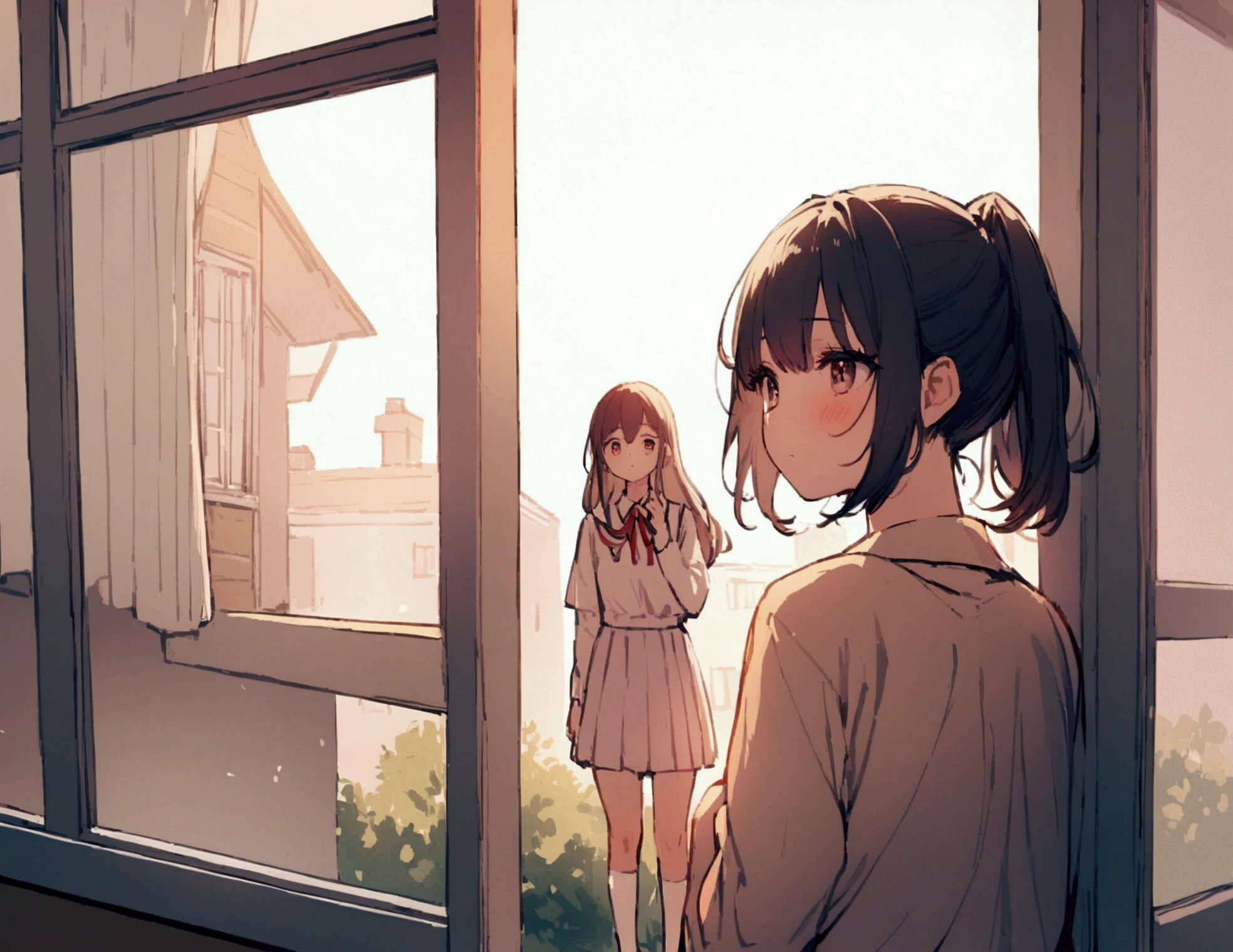 A girl is looking out at the schoolyard from the second floor window of her school、The boy I like and his girlfriend look tiny in front of me