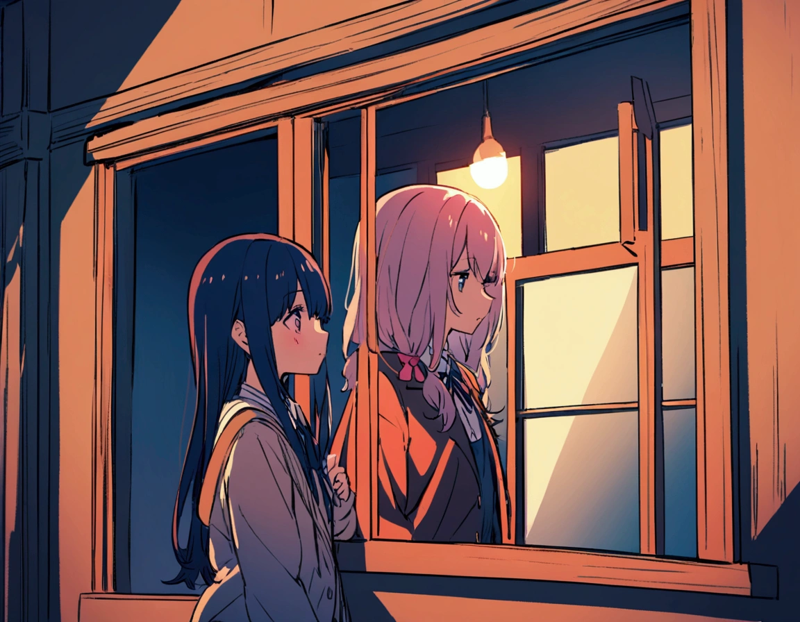 A girl is looking out at the schoolyard from the second floor window of her school、The boy I like and his girlfriend look tiny in front of me