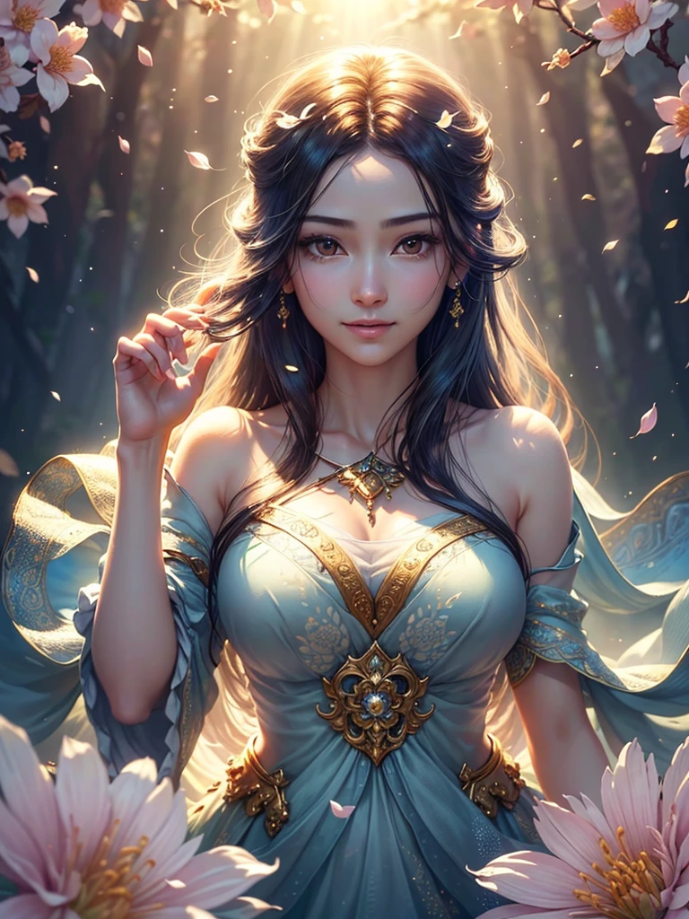 (Best quality,4K,a high resolution,ultra detailed,realistic:1.37),bright colors,Sun Ray,rays of light,bergamot,White flowers,beautiful girl,exquisite features,loose hair,A serene expression,garden furnishings,Exquisite dress,soft sunlight,gentle breeze,Cheerful atmosphere,Backlit stage,A hint of a smile,ethereal glowing,Fresh in the morning,long shadows,harmony of nature,subtle thoughts,natural beauty,Shimmering dew drops,clear details,Tranquility and tranquility,Superior Ingredients,Come to the branch,whispering leaves,Petals for aromatherapy,with glowing light,Sparkling glare,subtle shadows,soft focus,sublime beauty,Whisper natural,fantastic atmosphere,Illuminated background.