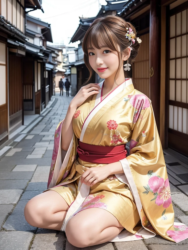 highest quality、8k wallpaper、reality:1.4、Captured by a professional photographer、Cinema Lighting、View your audience、background:Kyoto street corner、1 beautiful girl、Japanese Idols、19 years old、Beautiful and detailed eyes、Detailed face、Beautiful Skin、thin、Slim waist、thin脚、Red lipstick、blonde: 1.8、Fancy hairstyles:1.8、Random hair color、Light Hair、Asymmetrical bangs、Hair decorated with elegant and delicate hairpins、Kimono with vibrant traditional patterns:1.2 、smile:1.5,Seductive pose,The chest is visible,Large breasts sagging due to gravity, Spread your legs:1.4