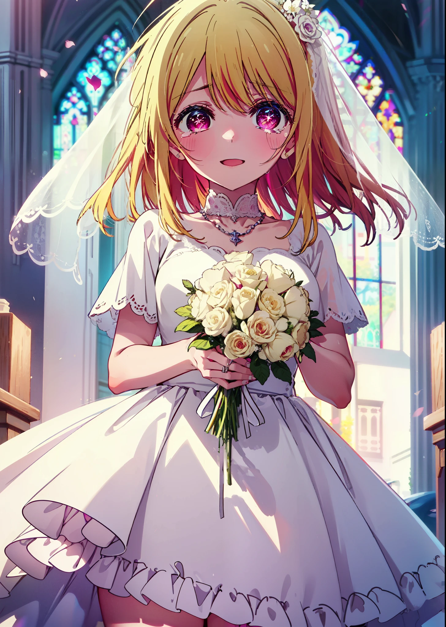 rubyhoshino, Ruby Hoshino, Long Hair, bangs, Blonde, (Pink Eyes:1.3), (Symbol-shaped pupil:1.5), Multicolored Hair, Two-tone hair, smile,Open your mouth,Close both eyes,Tears stream down her face,Tears of joy,I cry a lot,Wedding dress,Bare neck,necklace,Short sleeve,Wedding Skirts,Veil,Holding a bouquet in both hands,wedding,Flower storm,
break indoors, church,Chapel,
break looking at viewer,Upper Body, (Cowboy Shot:1.5),
break (masterpiece:1.2), Highest quality, High resolution, unity 8k wallpaper, (figure:0.8), (Beautiful attention to detail:1.6), Highly detailed face, Perfect lighting, Highly detailed CG, (Perfect hands, Perfect Anatomy),