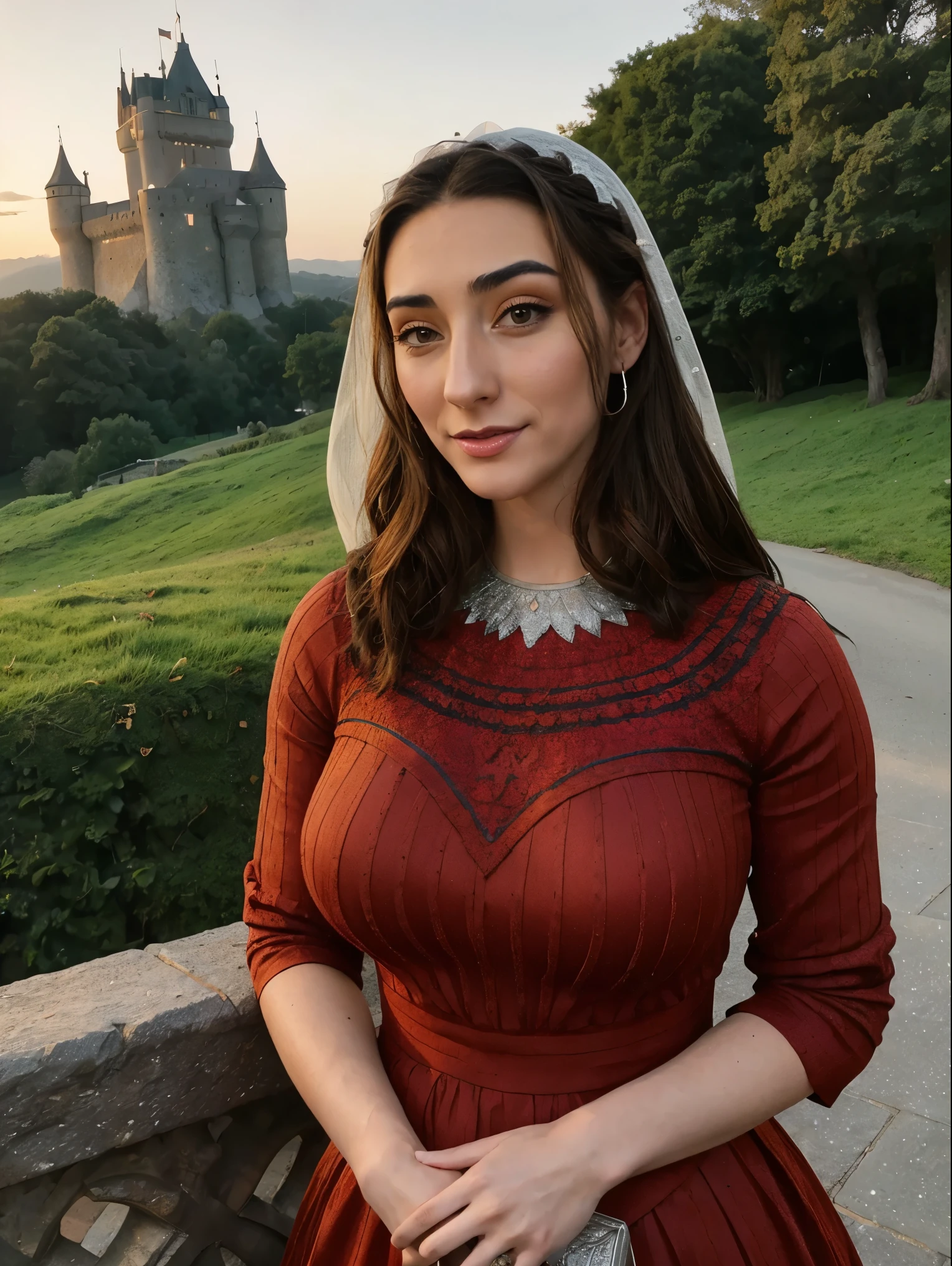 Beautiful and regal, imperious and aloof, busty athletic (thin) brunette queen with sharp facial features, crown braid, wearing a dark red medieval dress, long sleeves, intricate patterns, embroidery, wide neck, crown, veil, long dress, modest dress, tight bodice, (silver waist chain), medieval jewelry, Middle Ages, castle, rampart, wall, exterior, on top of a castle wall, trees, countryside, evening, sunset.