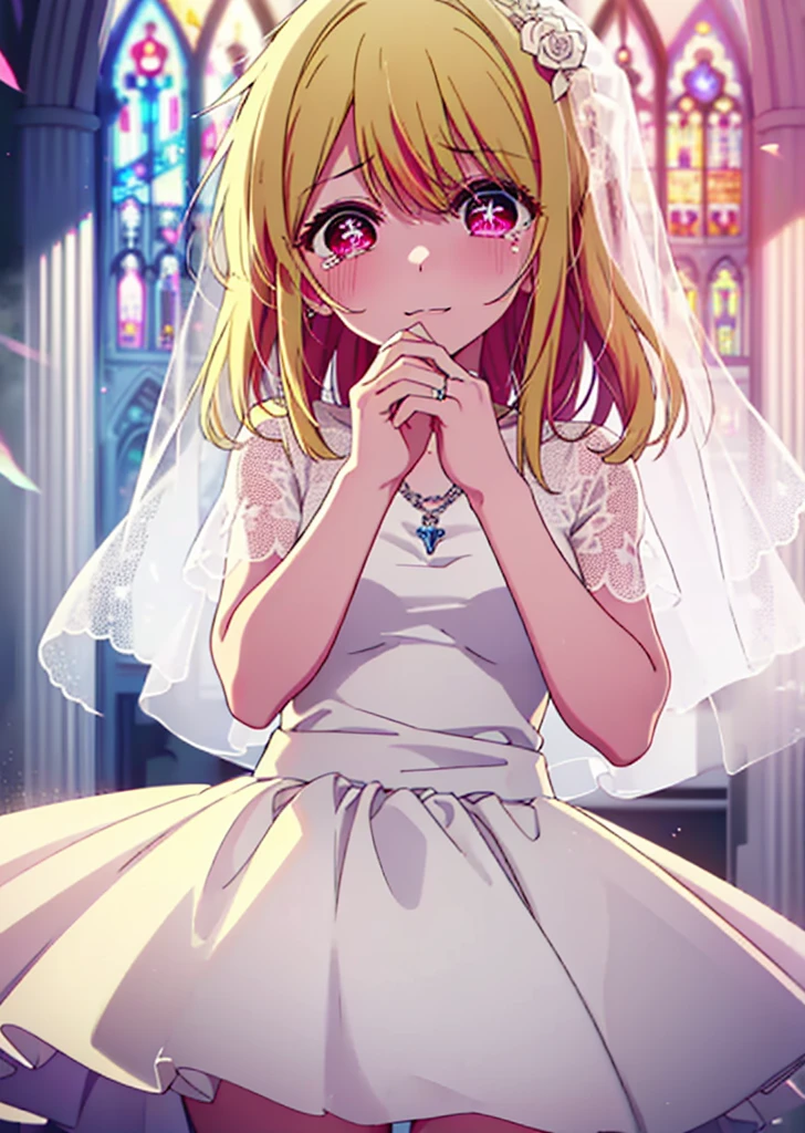 rubyhoshino, Ruby Hoshino, Long Hair, bangs, Blonde, (Pink Eyes:1.3), (Symbol-shaped pupil:1.5), Multicolored Hair, Two-tone hair, smile,Open your mouth,Close both eyes,Tears stream down her face,Tears of joy,I cry a lot,Wedding dress,Bare neck,necklace,Short sleeve,Wedding Skirts,Veil,Holding a bouquet in both hands,wedding,Flower storm,
break indoors, church,Chapel,
break looking at viewer,Upper Body, (Cowboy Shot:1.5),
break (masterpiece:1.2), Highest quality, High resolution, unity 8k wallpaper, (figure:0.8), (Beautiful attention to detail:1.6), Highly detailed face, Perfect lighting, Highly detailed CG, (Perfect hands, Perfect Anatomy),