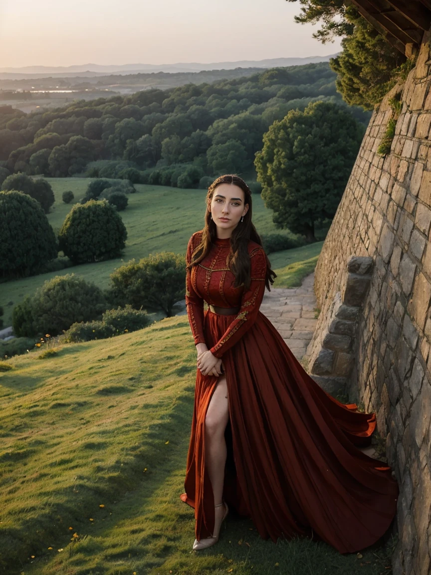 Beautiful and regal, imperious and aloof, busty athletic (thin) brunette queen with sharp facial features, crown braid, wearing a dark red medieval dress, long sleeves, intricate patterns, embroidery, wide neck, crown, veil, long dress, modest dress, tight bodice, (silver waist chain), medieval jewelry, Middle Ages, castle, rampart, wall, exterior, on top of a castle wall, trees, countryside, evening, sunset.