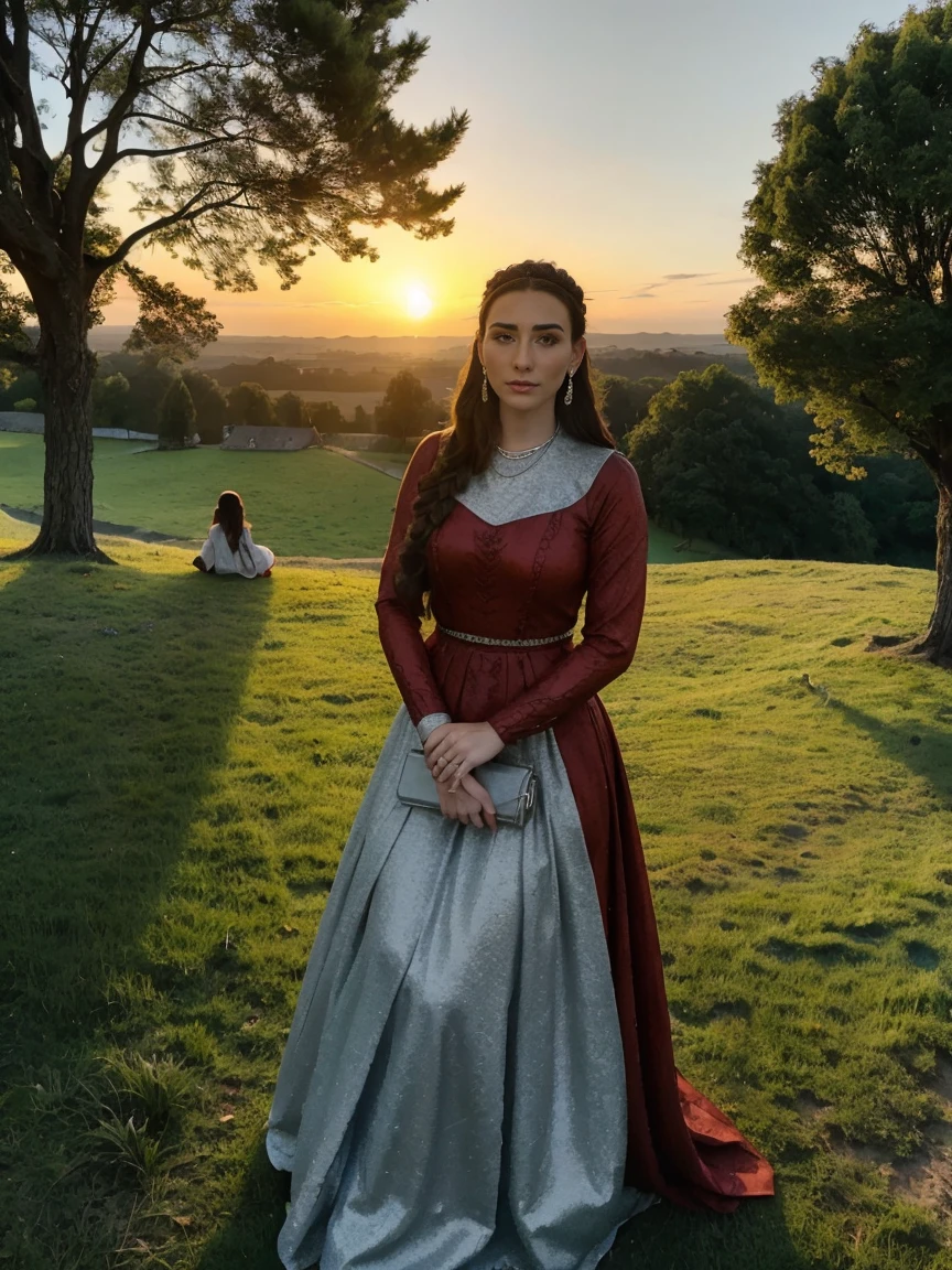 Beautiful and regal, imperious and aloof, busty athletic (thin) brunette queen with sharp facial features, crown braid, wearing a dark red medieval dress, long sleeves, intricate patterns, embroidery, wide neck, crown, veil, long dress, modest dress, tight bodice, (silver waist chain), medieval jewelry, Middle Ages, castle, rampart, wall, exterior, on top of a castle wall, trees, countryside, evening, sunset.