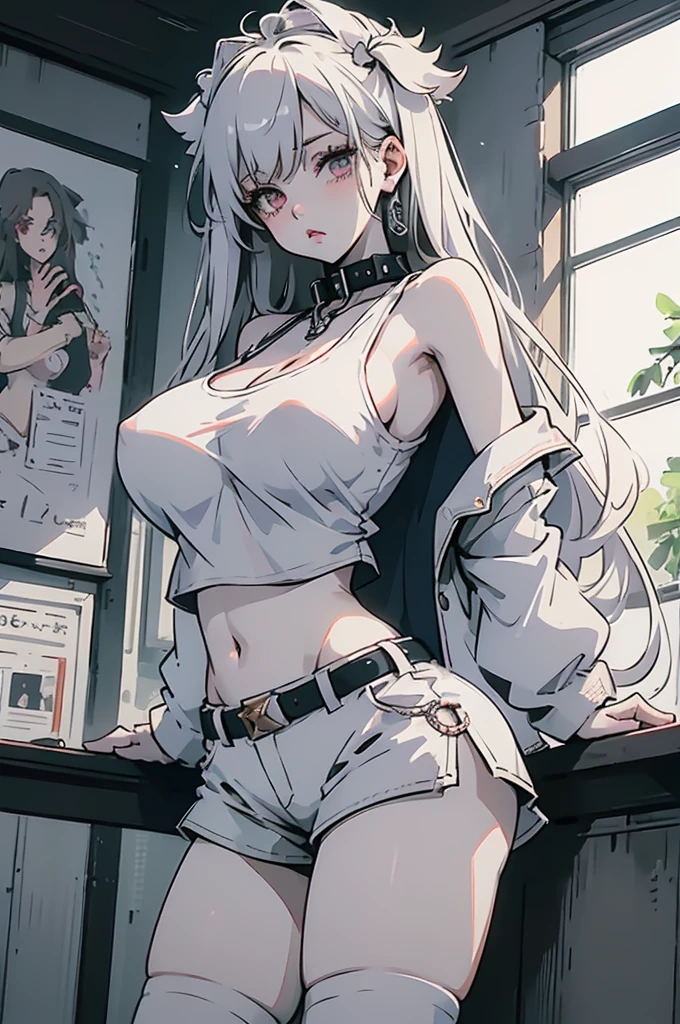 masterpiece, best quality, 1girl, solo, guilty \(nikke\), white tank top, white shorts, white Knee socks, collar, straitjacket, chain, looking at viewer, parted lips, standing, hands behind back, huge breasts,