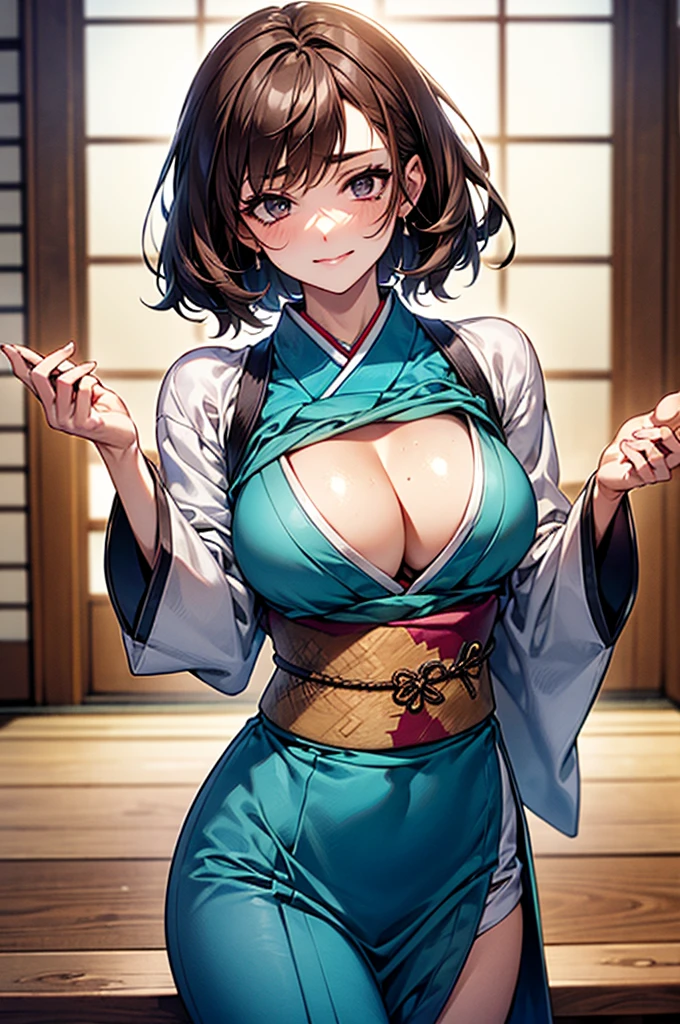 Masterpiece,Highest quality,8k,Ultra-high resolution,appropriate margins,lighting,BREAK,1 person,Very beautiful adult woman,Slim body,Very ample large breasts,Deep cleavage,Moisturized Skin,BREAK,Brown Hair,short hair,unkempt,(Lift your bangs),(Show your forehead),mascara,Red eyeliner,Light pink lip,Thin teak,Thick upper eyelashes,Thin eyebrows,BREAK,Black eyes,BREAK,Embarrassed,Shy smile,BREAK,((Japanese style kimono)),BREAK,Eye contact