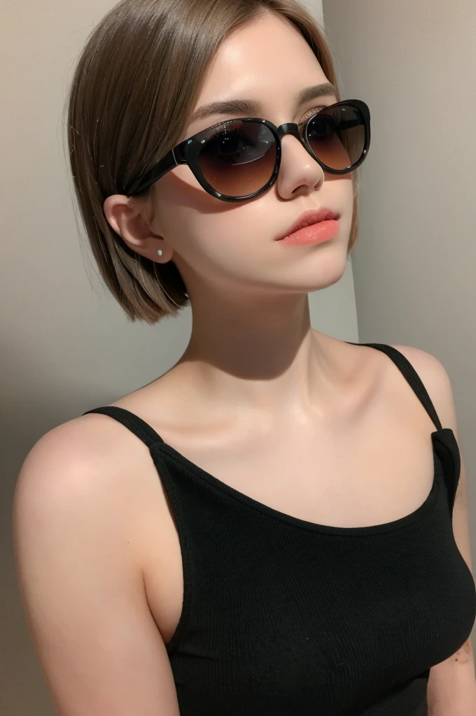 short straight hair, light brown eyes, white skin, black sunglasses
