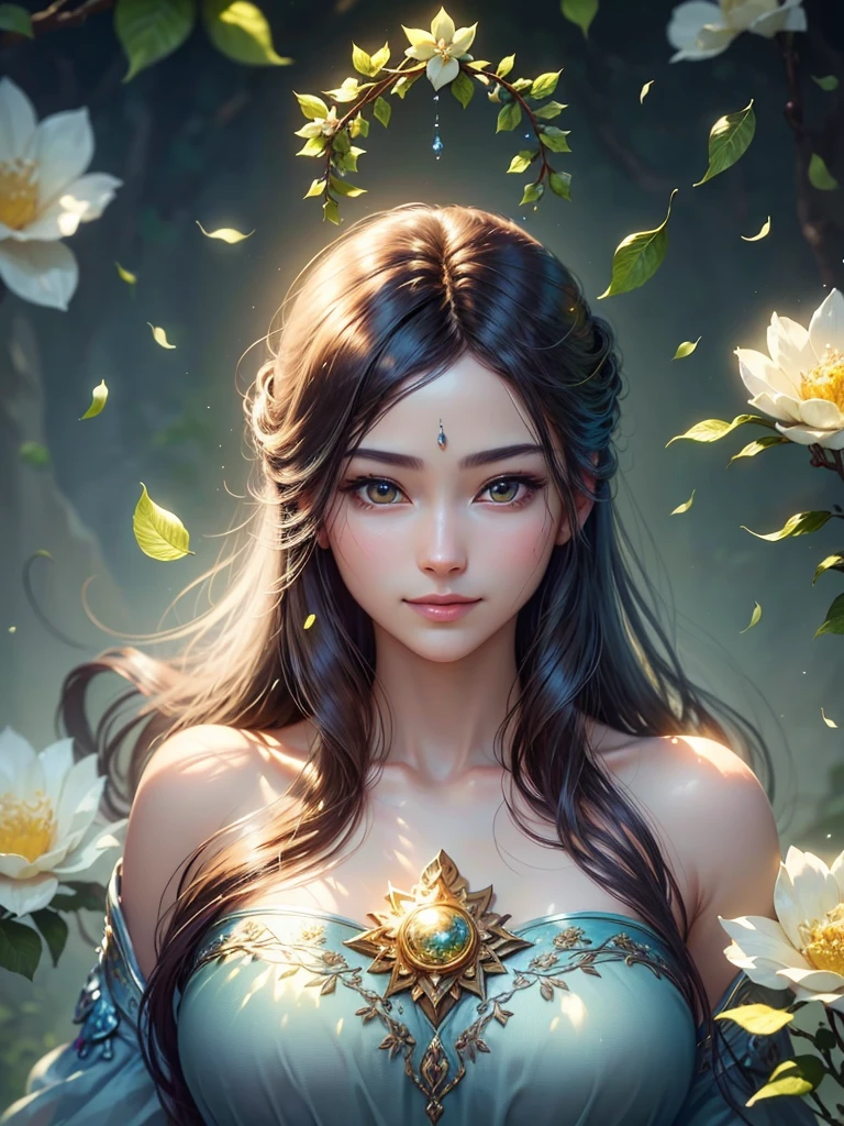 (Best quality,4K,a high resolution,ultra detailed,realistic:1.37),bright colors,Sun Ray,rays of light,bergamot,White flowers,beautiful girl,exquisite features,loose hair,A serene expression,garden furnishings,Exquisite dress,soft sunlight,gentle breeze,Cheerful atmosphere,Backlit stage,A hint of a smile,ethereal glowing,Fresh in the morning,long shadows,harmony of nature,subtle thoughts,natural beauty,Shimmering dew drops,clear details,Tranquility and tranquility,Superior Ingredients,Come to the branch,whispering leaves,Petals for aromatherapy,with glowing light,Sparkling glare,subtle shadows,soft focus,sublime beauty,Whisper natural,fantastic atmosphere,Illuminated background.