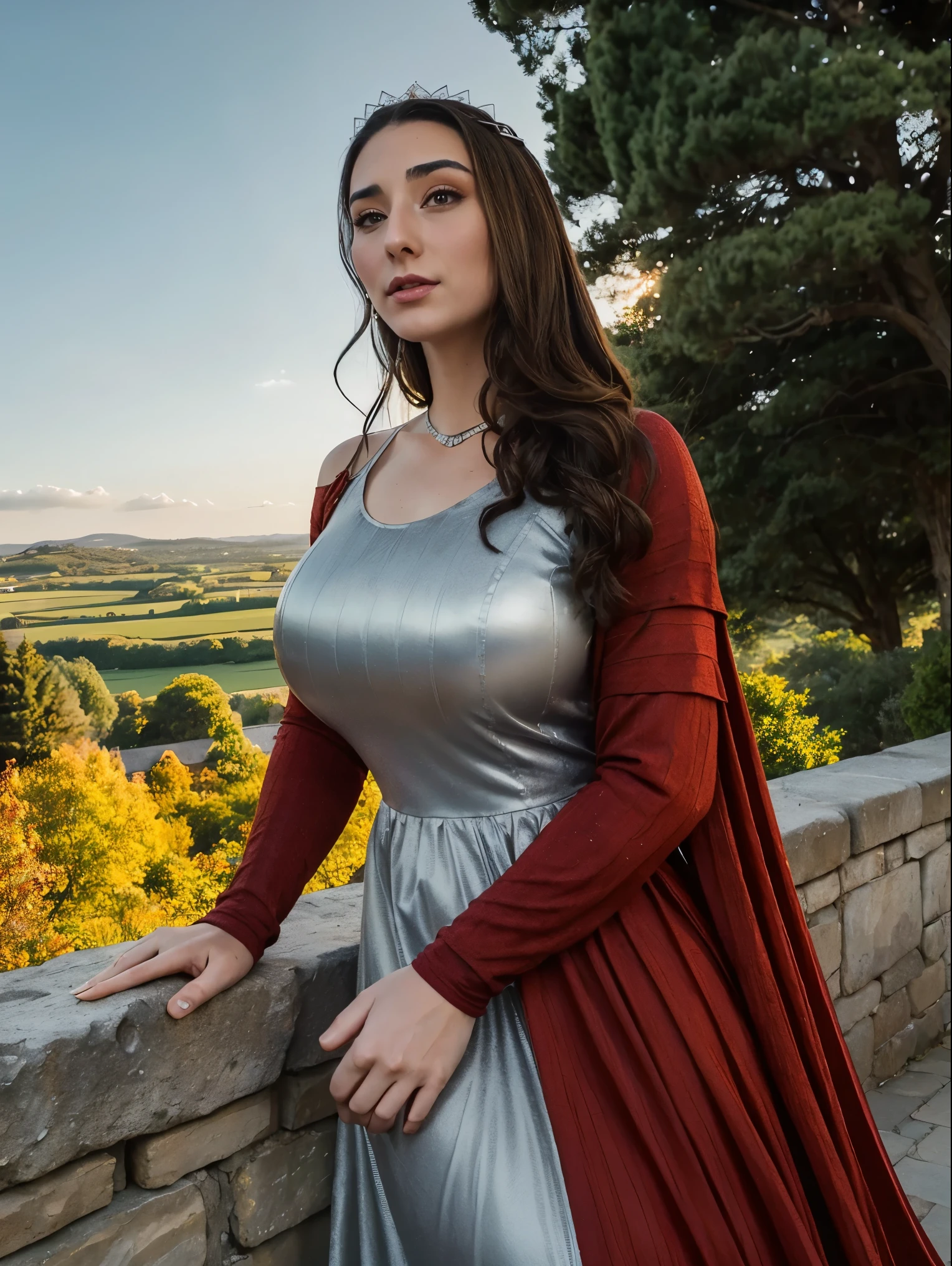 Beautiful and regal, imperious and aloof, busty athletic (thin) brunette queen with sharp facial features, crown braid, wearing a dark red medieval dress, long sleeves, intricate patterns, embroidery, wide neck, crown, veil, long dress, modest dress, tight bodice, (silver waist chain), medieval jewelry, Middle Ages, castle, rampart, wall, exterior, on top of a castle wall, trees, countryside, evening, sunset.