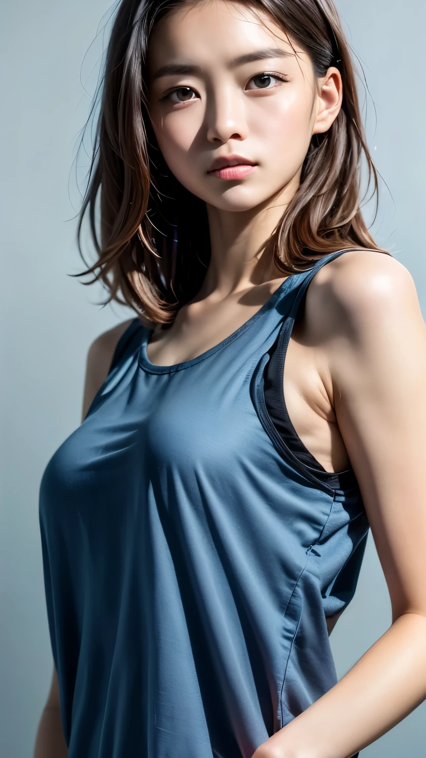 (masterpiece, Highest quality:1.2), 8k, Absurd, (Upper Body:1.2), violet, Gardenia, beautiful girl, (Pretty face, Detailed face:1.2), He is wearing a short tank top and an open-zipped hoodie......,I can see your chest,Nice ass,Wear a New Era cap,View your audience, Film Grain, chromatic aberration, Sharp focus, High resolution, Face Light, (Simple Background, Dull Blue Background:1.3)