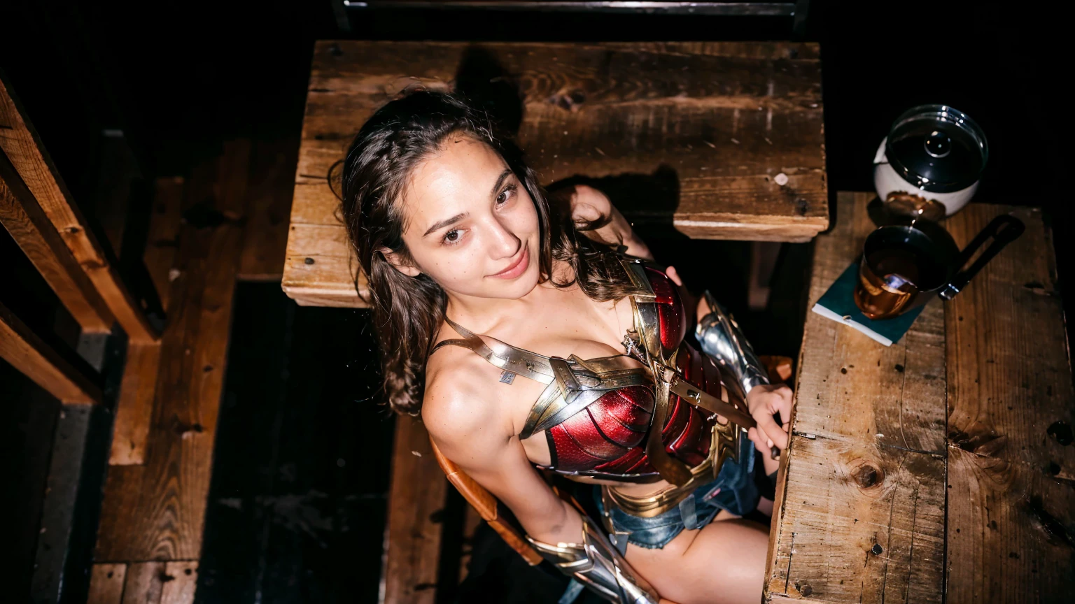 ((masterpiece), (solo character), (photorealistic:1.4), ),(best quality), (epiCRealLife), (g4lg), (wonder woman bra top), (g4lg show abs), (g4lg show cleavages), (Gal Godot in wonder woman costume), (lora:epiCFlashPhoto),(flashphoto), (flash photography) (look at viewers), (outdoor), (Eifel Tower), (night time), (city night lights), (street coffee shop), (sitting on at coffee shop chair), (coffee table), (from above), (landscape photos), (looking at viewers), (at night), (night time), (smile a little)