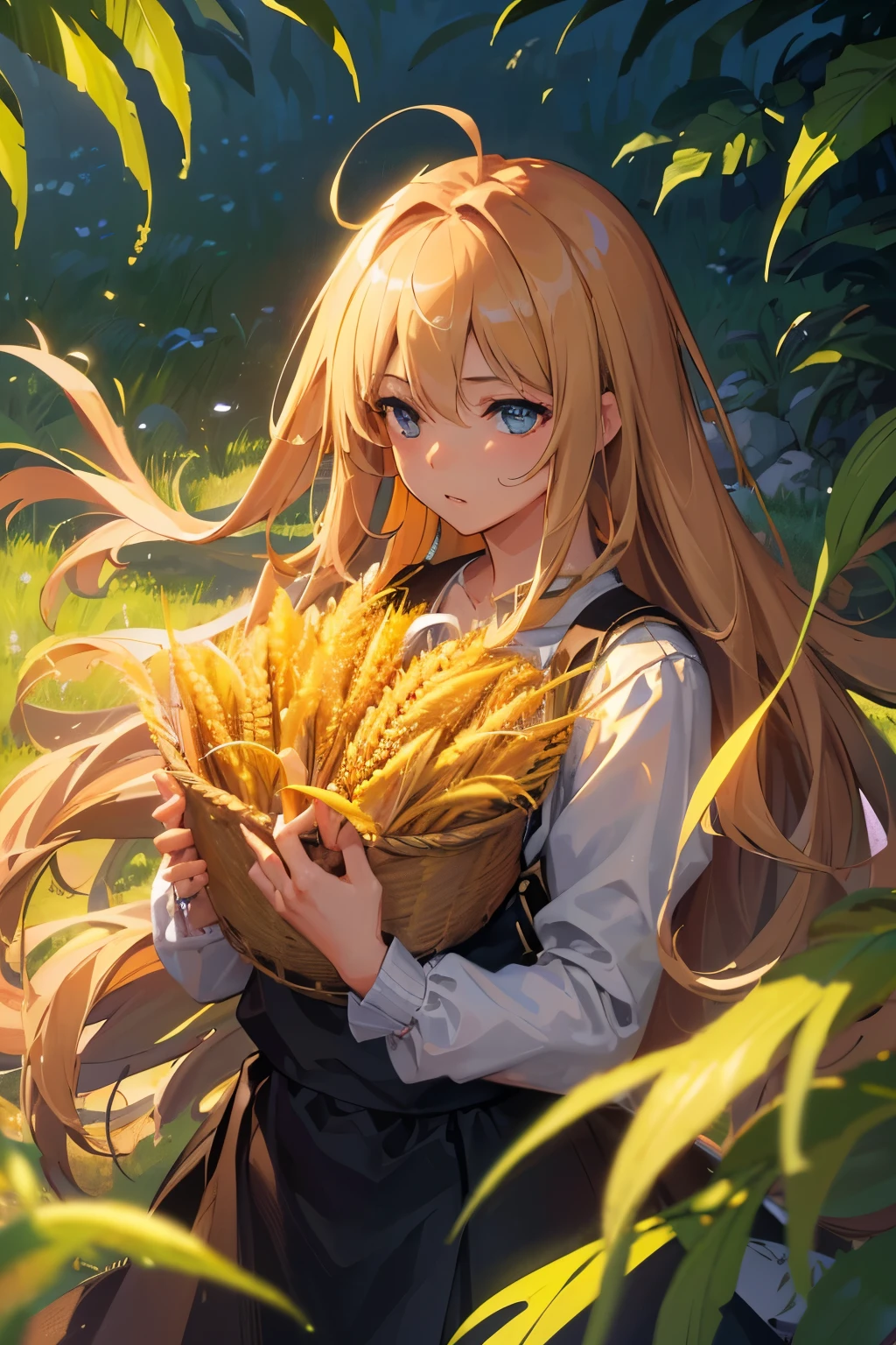 masterpiece, Highest quality, (Highly detailed CG synthesis 8k wallpaper) (Highest quality), (Best illustrations), (The best shade) nature harvest wheat, Very meticulous , People working in the fields々 --v6