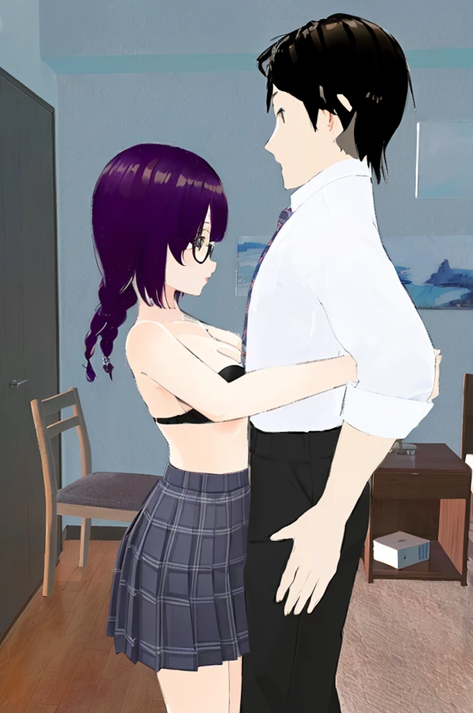 masterpiece, anime image of a man and a woman in a room,, , couple pose, a woman is bra and skirt and glasses and gray Plaid pleated skirt,