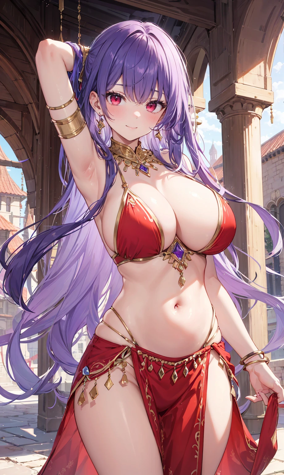 high quality, ultra detailed, best quality, insanely detailed, beautiful, masterpiece, 1girl, medieval plaza, cowboy shot, red eyes, long hair, purple hair, belly dancer, circlet, earrings, armlets, bracelets, bashful smile, large breasts, cleavage, soft stomach