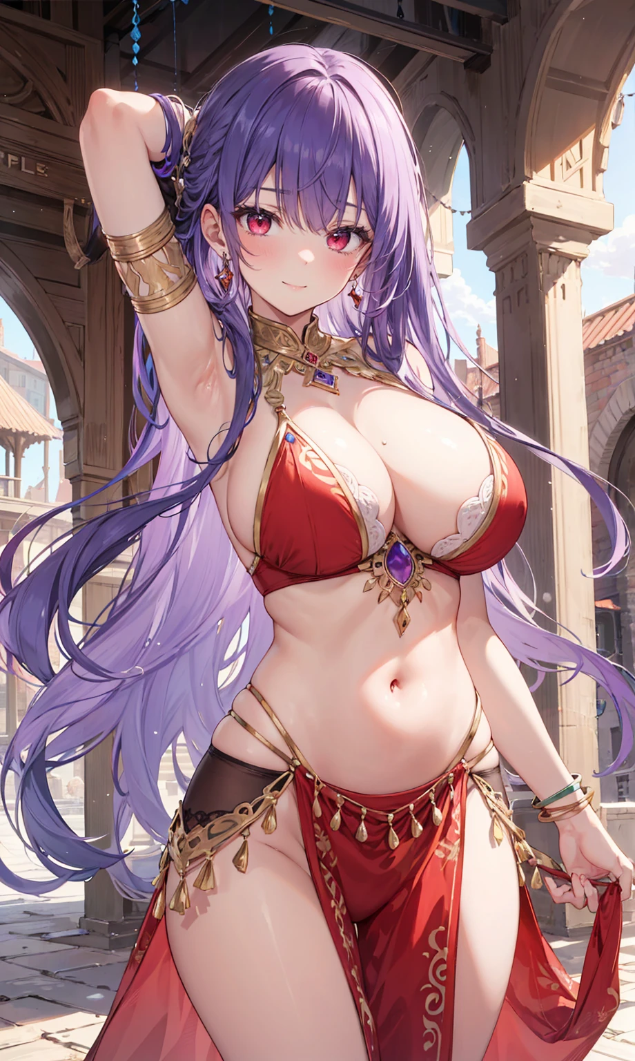 high quality, ultra detailed, best quality, insanely detailed, beautiful, masterpiece, 1girl, medieval plaza, cowboy shot, red eyes, long hair, purple hair, belly dancer, circlet, earrings, armlets, bracelets, bashful smile, large breasts, cleavage, soft stomach