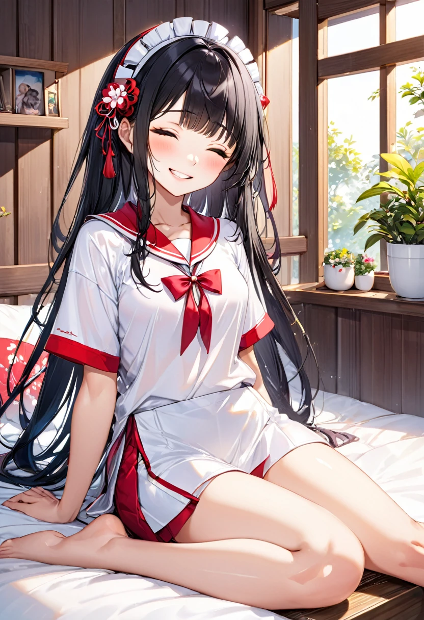 (Ladylike style) (sitting, ), (crossed ankles:1.6), (soro:2, 15 yo, blungs:1.3 black hair long hair sexy shrine maidgirl, sexy closed eyes, g smile, love smile, glossy lip, medium tits), in a summer T-Ss, hot pants, break, in the cute bedroom, BREAK, perfect anatomy, masterpiece, best quality, 16k, beautiful detailed grow, daydreaming expression.