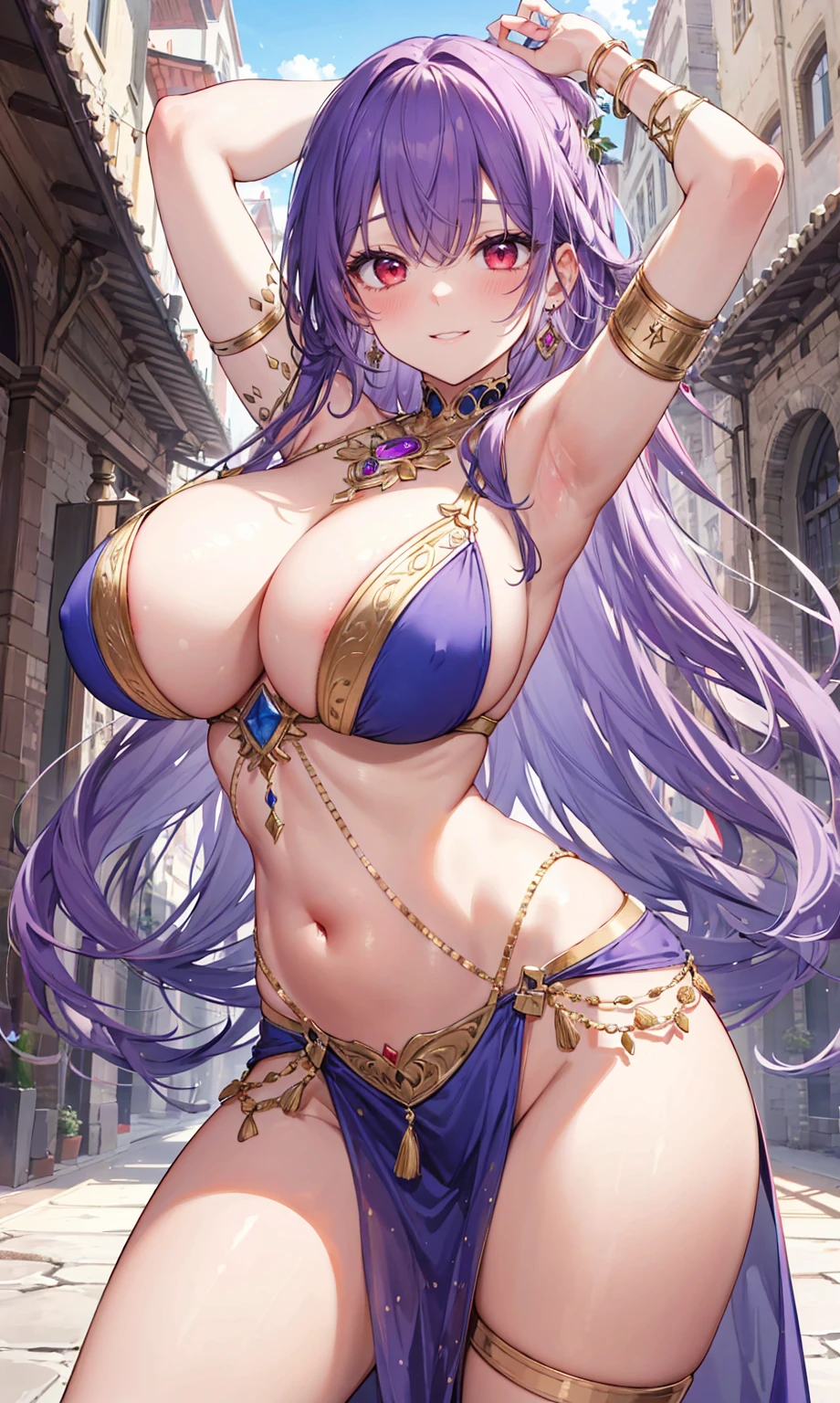 high quality, ultra detailed, best quality, insanely detailed, beautiful, masterpiece, 1girl, medieval plaza, cowboy shot, red eyes, long hair, purple hair, belly dancer, circlet, earrings, armlets, bracelets, bashful smile, large breasts, cleavage, soft stomach