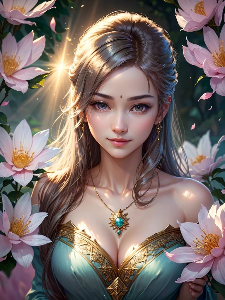 (Best quality,4K,a high resolution,ultra detailed,realistic:1.37),bright colors,Sun Ray,rays of light,bergamot,White flowers,beautiful girl,exquisite features,loose hair,A serene expression,garden furnishings,Exquisite dress,soft sunlight,gentle breeze,Cheerful atmosphere,Backlit stage,A hint of a smile,ethereal glowing,Fresh in the morning,long shadows,harmony of nature,subtle thoughts,natural beauty,Shimmering dew drops,clear details,Tranquility and tranquility,Superior Ingredients,Come to the branch,whispering leaves,Petals for aromatherapy,with glowing light,Sparkling glare,subtle shadows,soft focus,sublime beauty,Whisper natural,fantastic atmosphere,Illuminated background.