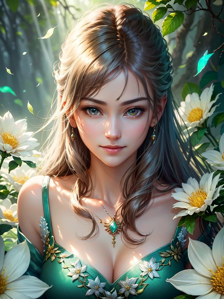 (Best quality,4K,a high resolution,ultra detailed,realistic:1.37),bright colors,Sun Ray,rays of light,bergamot,White flowers,beautiful girl,exquisite features,loose hair,A serene expression,garden furnishings,Exquisite dress,soft sunlight,gentle breeze,Cheerful atmosphere,Backlit stage,A hint of a smile,ethereal glowing,Fresh in the morning,long shadows,harmony of nature,subtle thoughts,natural beauty,Shimmering dew drops,clear details,Tranquility and tranquility,Superior Ingredients,Come to the branch,whispering leaves,Petals for aromatherapy,with glowing light,Sparkling glare,subtle shadows,soft focus,sublime beauty,Whisper natural,fantastic atmosphere,Illuminated background.