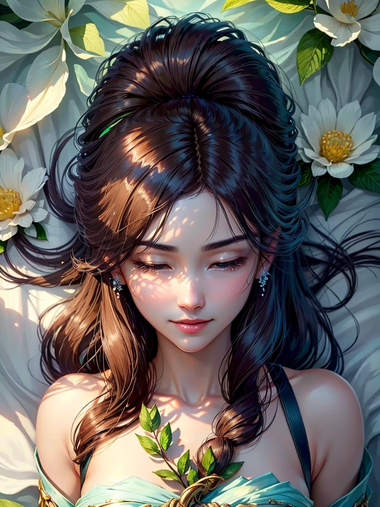(Best quality,4K,a high resolution,ultra detailed,realistic:1.37),bright colors,Sun Ray,rays of light,bergamot,White flowers,beautiful girl,exquisite features,loose hair,A serene expression,garden furnishings,Exquisite dress,soft sunlight,gentle breeze,Cheerful atmosphere,Backlit stage,A hint of a smile,ethereal glowing,Fresh in the morning,long shadows,harmony of nature,subtle thoughts,natural beauty,Shimmering dew drops,clear details,Tranquility and tranquility,Superior Ingredients,Come to the branch,whispering leaves,Petals for aromatherapy,with glowing light,Sparkling glare,subtle shadows,soft focus,sublime beauty,Whisper natural,fantastic atmosphere,Illuminated background.