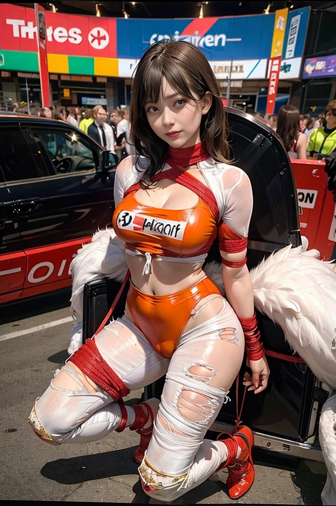 Browsing Caution,One Woman:1.5,alone,(8k, RAW Photos, Realistic, photo-Realistic:1.5),masterpiece ,super Realistic details, Realistic proportions, Highly detailed face,Round face,Crying face:1.5,Japanese ,housewife, Attractive mature woman , Mature Woman:1.3 , Vulgarity:1.2,Potbelly,Messy Hair:1.2,Neon colored hair, compensate:1.2,Glowing Skin,whole body, whole body,(((Grid Girls ,Racing Suits, latex,Extremely detailed costume,Colorful costumes,))) ,pantyhose,Skin Dentition:1.5 , Camel Toe:1.6 , Large Breasts,Cleavage ,Nipples are erect,BDSM,bondage,shibari, Put your arms behind your back:1.2,Kneel,Spread your legs,,tortoise shell bondage:1.3, Tied with red rope:1.3 ,Tying over clothes, Bound breasts ,Arms tied, Tied legs,Tied up ass, Wrists tied,Tied up ass, breast bondage, Crotch rope:1.3,(bondage:1.5),Suppressed,Thigh straps,(Torn clothes:1.5),Binding someone over their clothes,