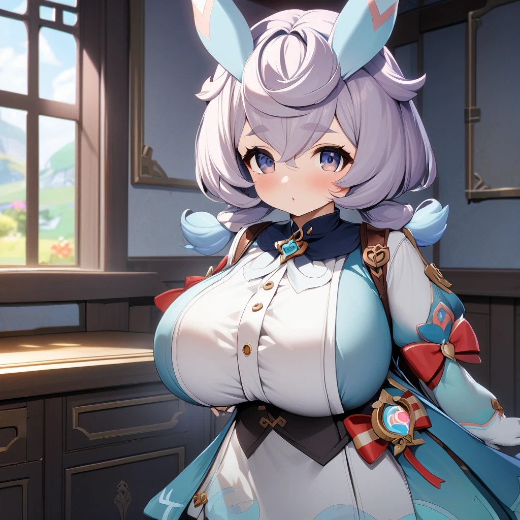Sigewinne(genshin impact),1girl,solo,super huge breasts,looking at viewer,near,standing up,in room