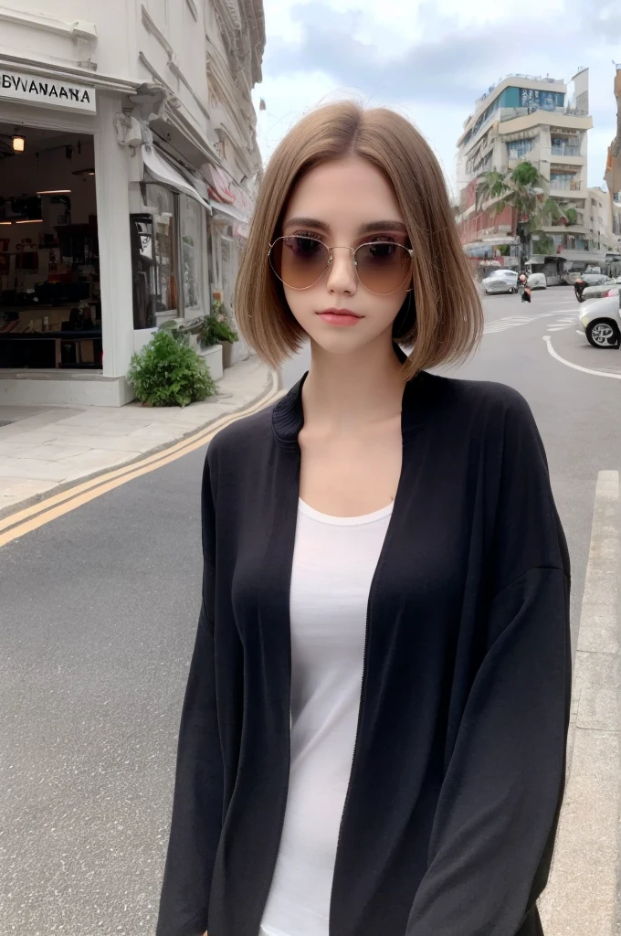 short straight hair, light brown eyes, white skin, black sunglasses