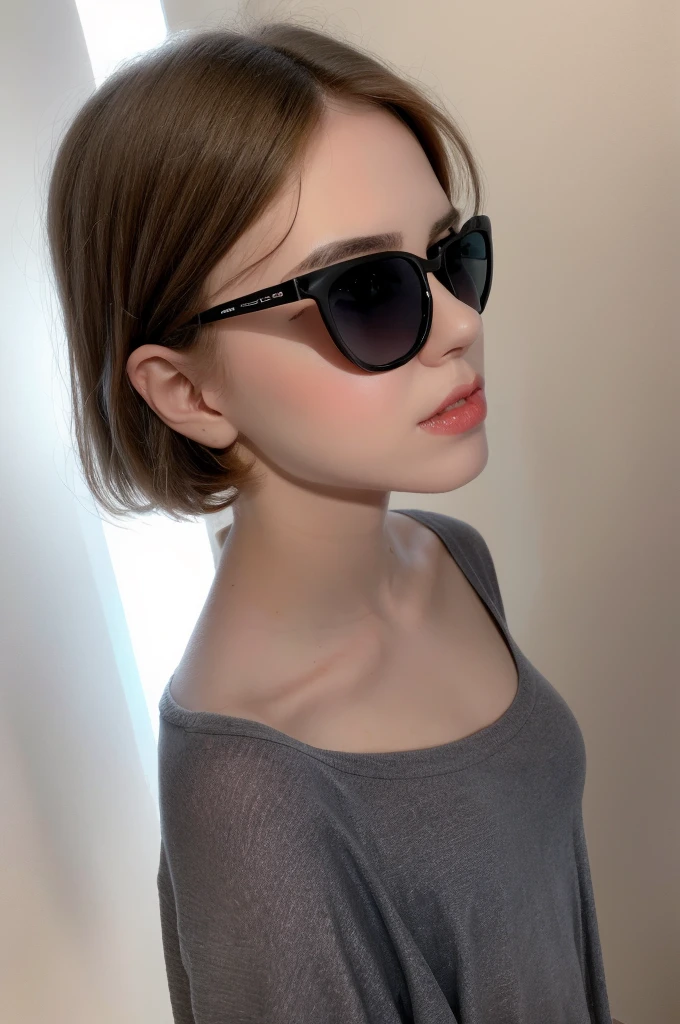 short straight hair, light brown eyes, white skin, black sunglasses