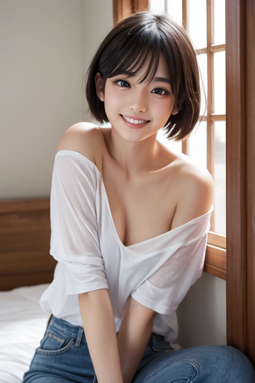 idol japanese,17 years old、[[[Japanese-style room]]]、[[[Japanese-style house]]]、short hair, [[[[close]]]], [[[[]]]], [[[[head]]]], [[[[shoulder]]]], [[[Damaged denim hot pants]]],Perfect Eyes、Perfect Iris、Perfect Lips、Perfect Teeth、Perfect Skin、Soft Front Light、Shine、High resolution, (Calm colors:1.2),[[[whole body]]]、Thighs、Thighs、Shooting from the side、A thoughtful smile、[[[leg]]], [[[leg]]]